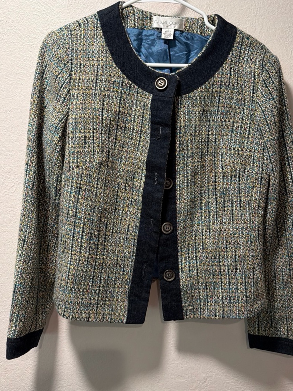 Casual Corner Women's Multicolor Tweed Jacket with Navy Trim